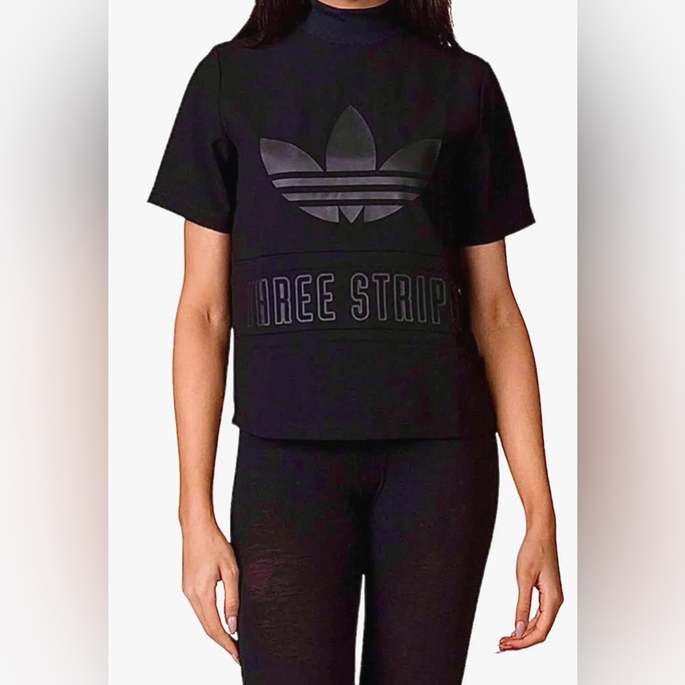 Adidas Black Trefoil Three Stripes Mock Neck Back Zip Short Sleeve Top Shirt S